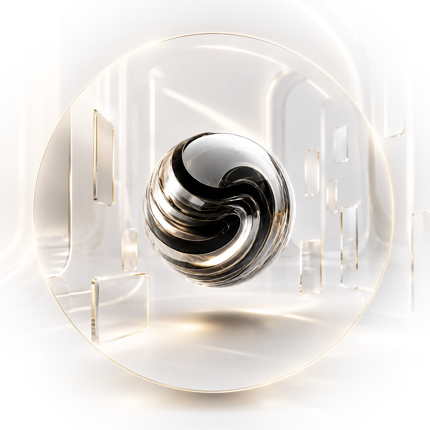 The IZionAI intelligence core — a polished black and chrome sphere inside a large champagne-gold ring