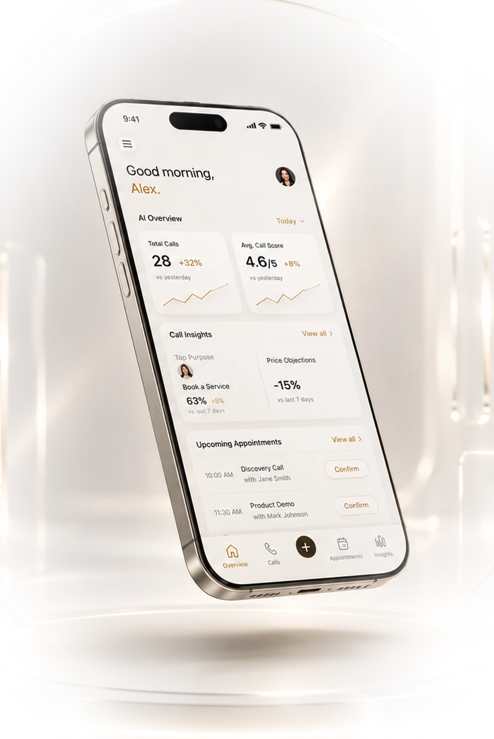 IZionAI AI dashboard on a floating iPhone showing calls, appointments and insights