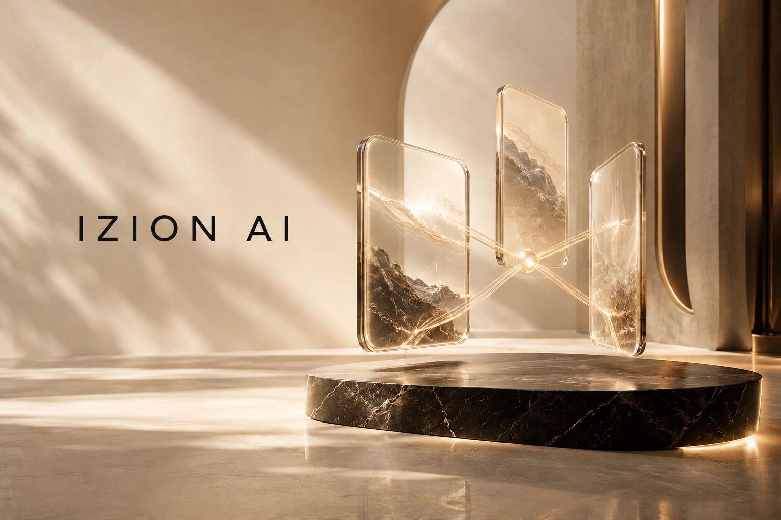 IZION AI connected glass panels with champagne light on black marble — IZionAI marketing agency services for local business industries