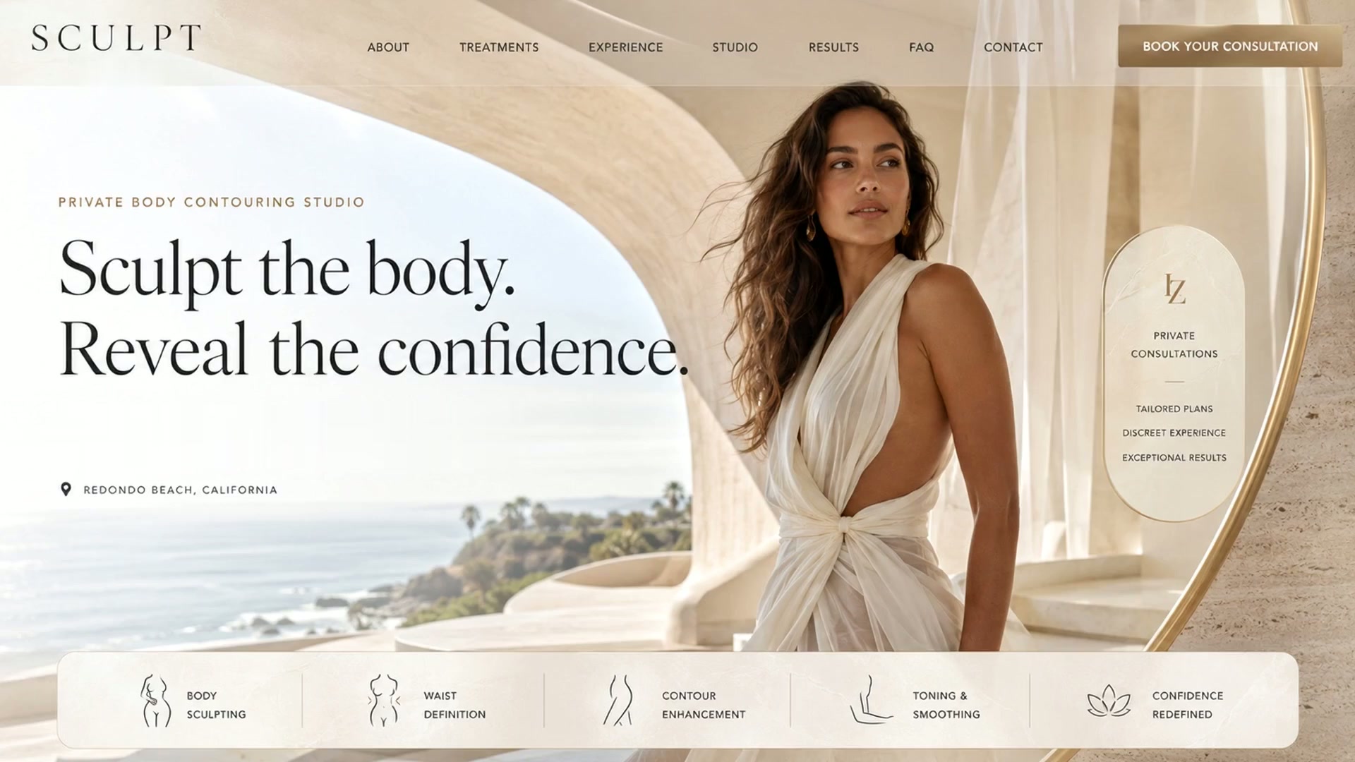 SCULPT by IZ website hero featuring a woman in an ivory dress beside an arched coastal ocean view